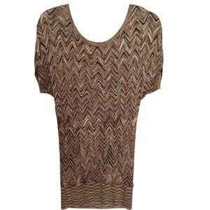 INC International Concepts Brown Tan & Metallic Gold Fitted Ribbed Blouse